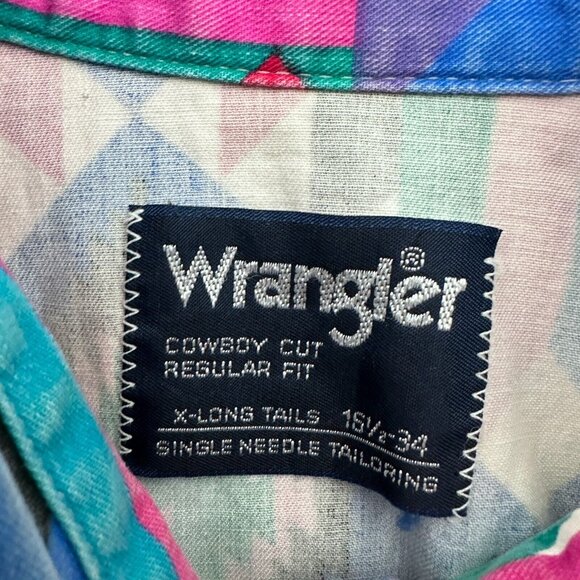 Vintage Wrangler Shirt Mens L 16.5/34 Blue Western Aztec Brushpopper Cowboy - Picture 3 of 7